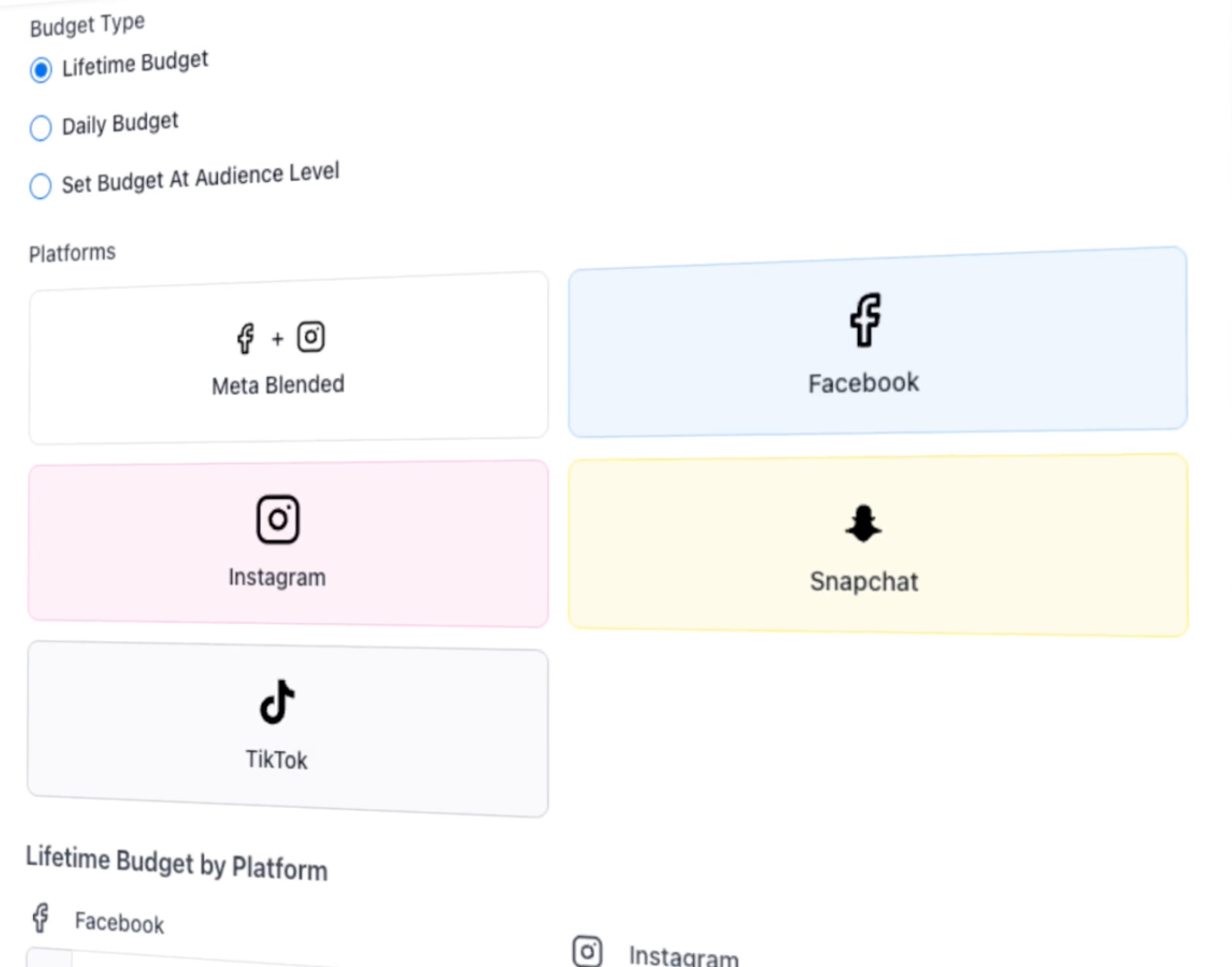 FanIQ One dashboard creating ads on Meta (Instagram & Facebook), Snapchat and TikTock.