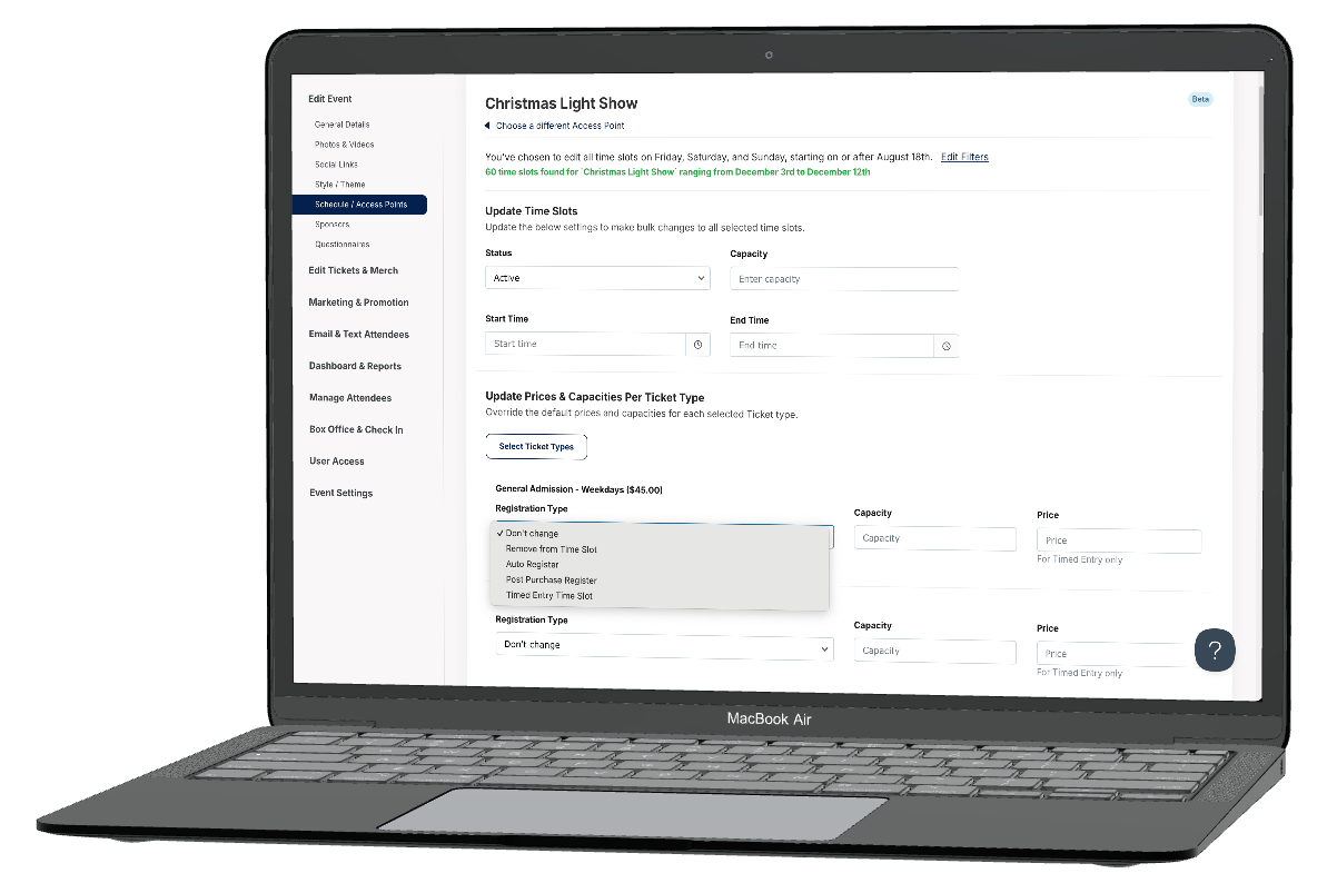 Timed entry ticketing time slot bulk editor in the Ticketsauce platform