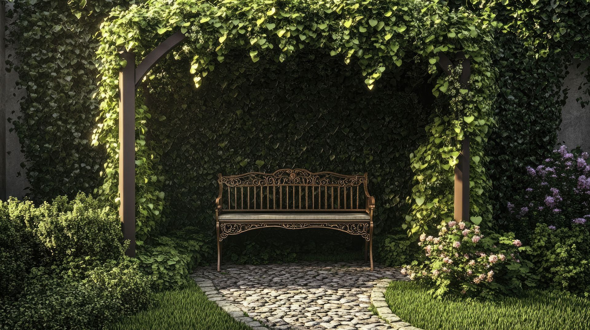 A wooden bench is under a pergola in a garden.