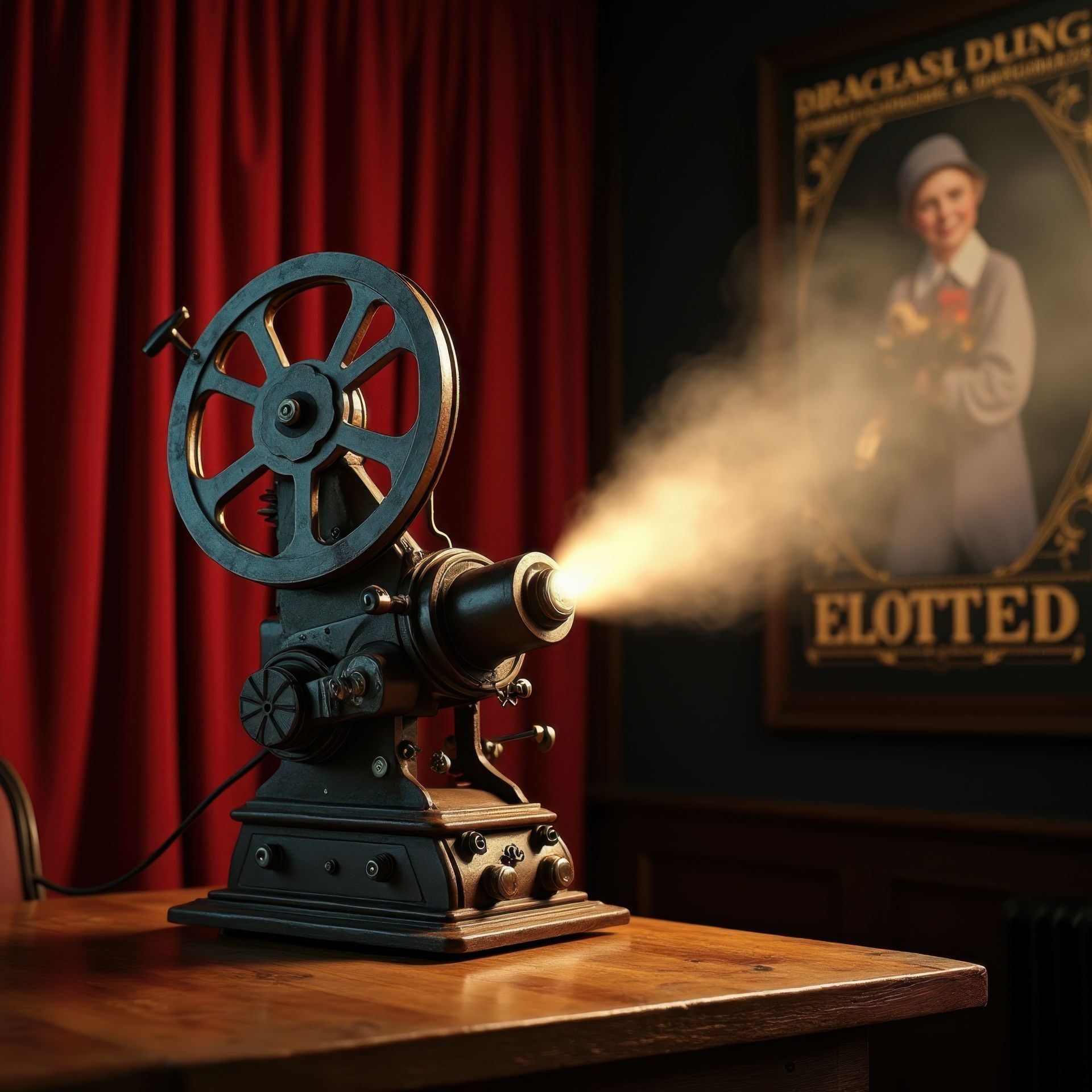 An old movie projector is sitting on a table in front of a poster.