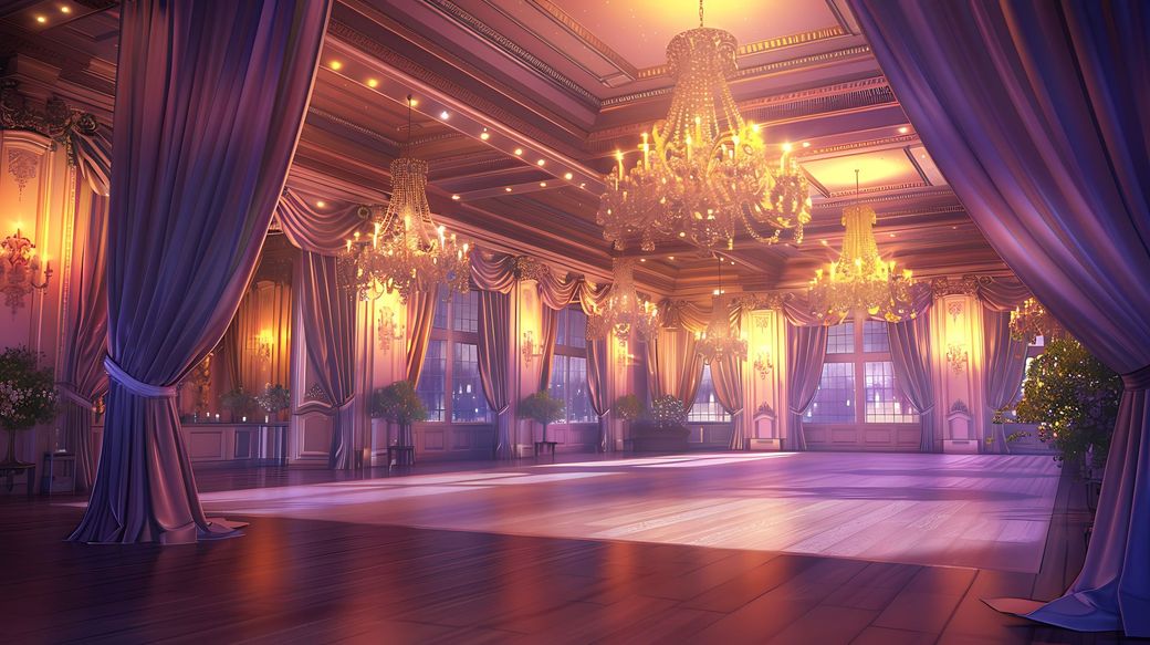 A large room with purple curtains and a chandelier.