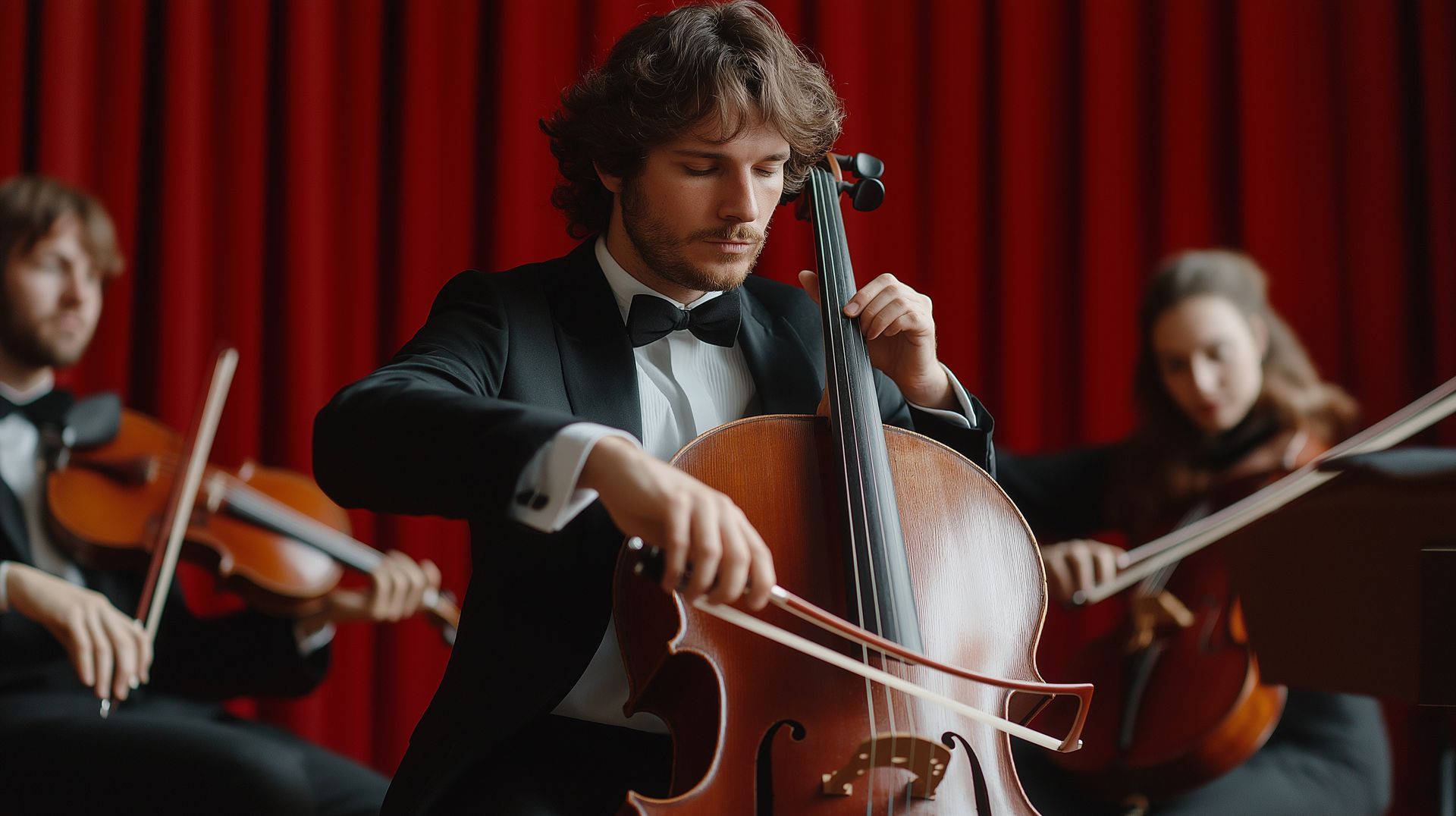 A man in a tuxedo is playing a cello in an orchestra.