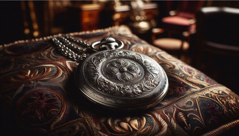 A pocket watch is sitting on top of a pillow.