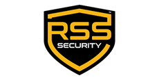 Shield logo for RSS Security, black with yellow outline. 