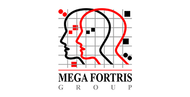 Logo of Mega Fortris Group: two overlapping head outlines, red and black, with data points.