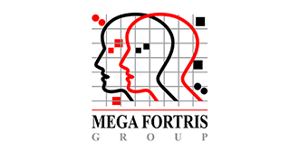 Logo of Mega Fortris Group: two overlapping head outlines, red and black, with data points.