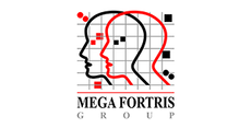 Logo of Mega Fortris Group: two overlapping head outlines, red and black, with data points.