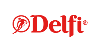 Red Delfi logo with skier in a circle on the left and the company name to the right.