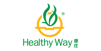 Logo of Healthy Way, green text below a gold and green graphic, Chinese characters to the right.