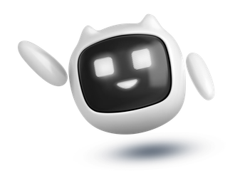Smiling white robot with cat-like ears and outstretched arms, floating.