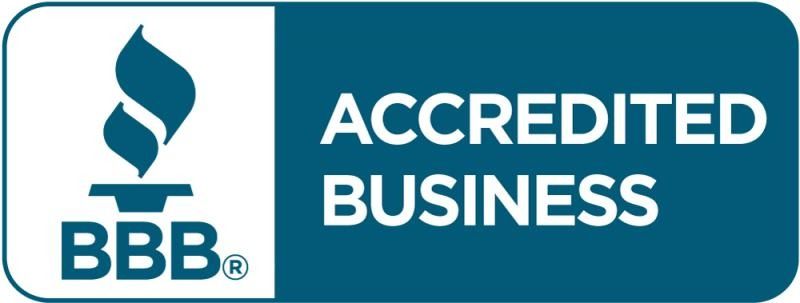 BBB Accredited Business logo in blue and white with torch icon and text