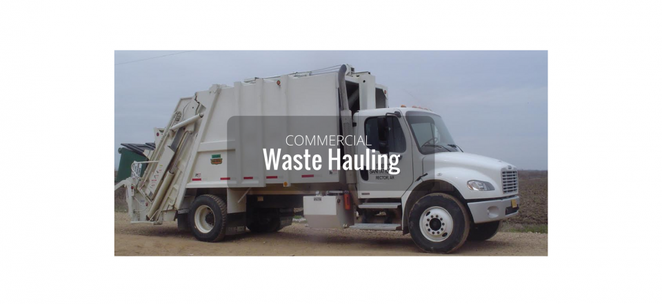 White waste hauling truck with side compartment on a road, labeled “Waste Hauling”