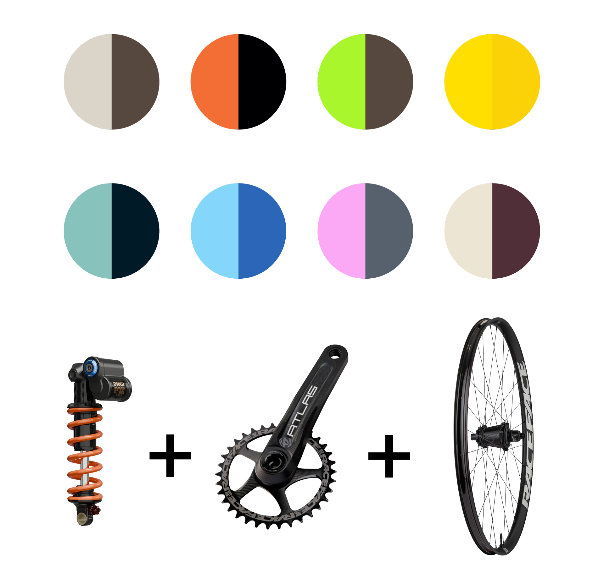 Color swatches with bike parts: shock absorber, crankset, and wheel.