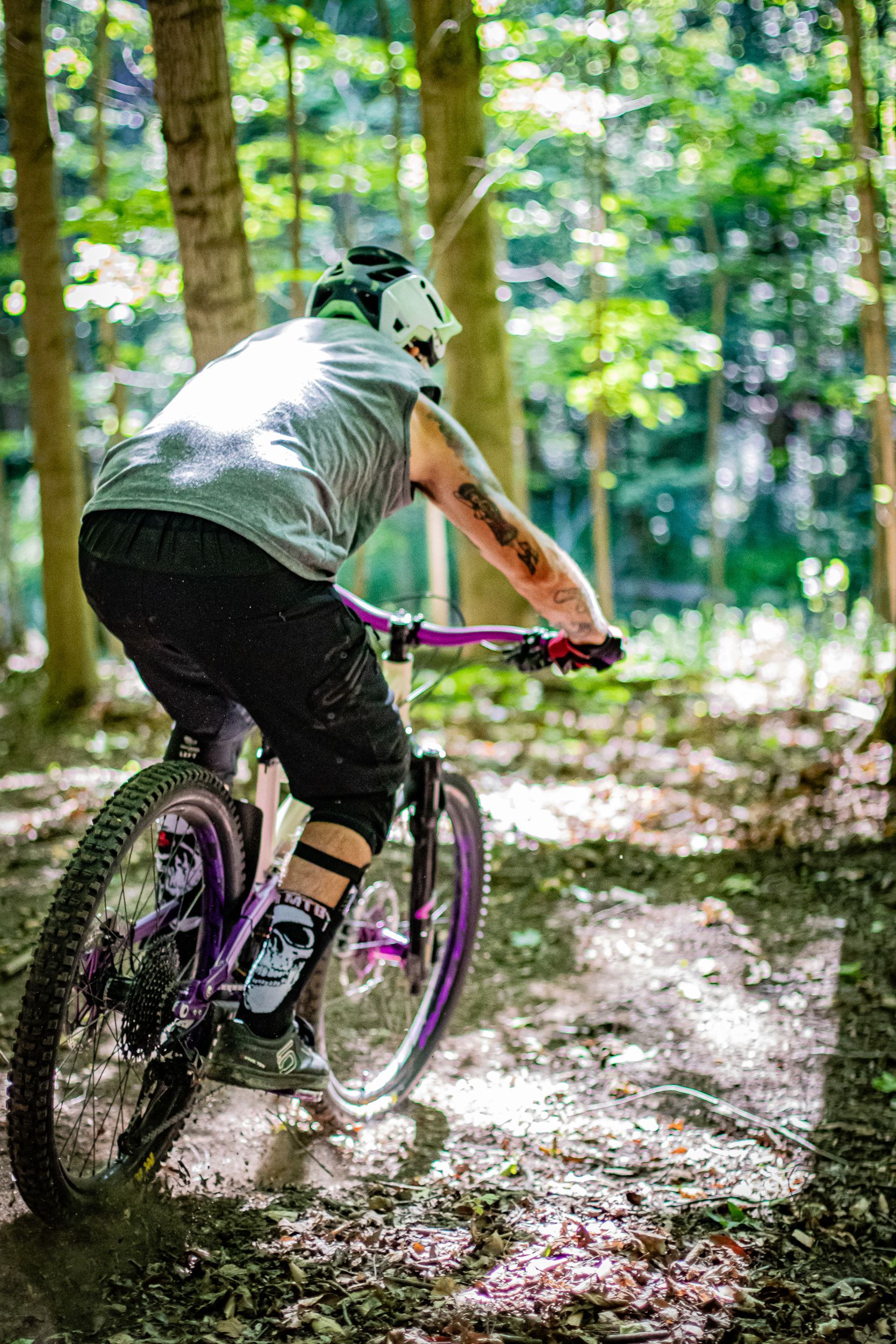 Mountain biker rides down a dirt trail in a sunlit forest.