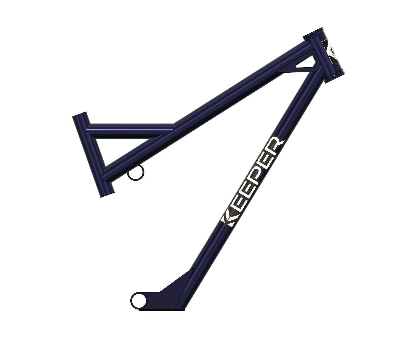 Blue mountain bike frame with "KEEPER" logo.