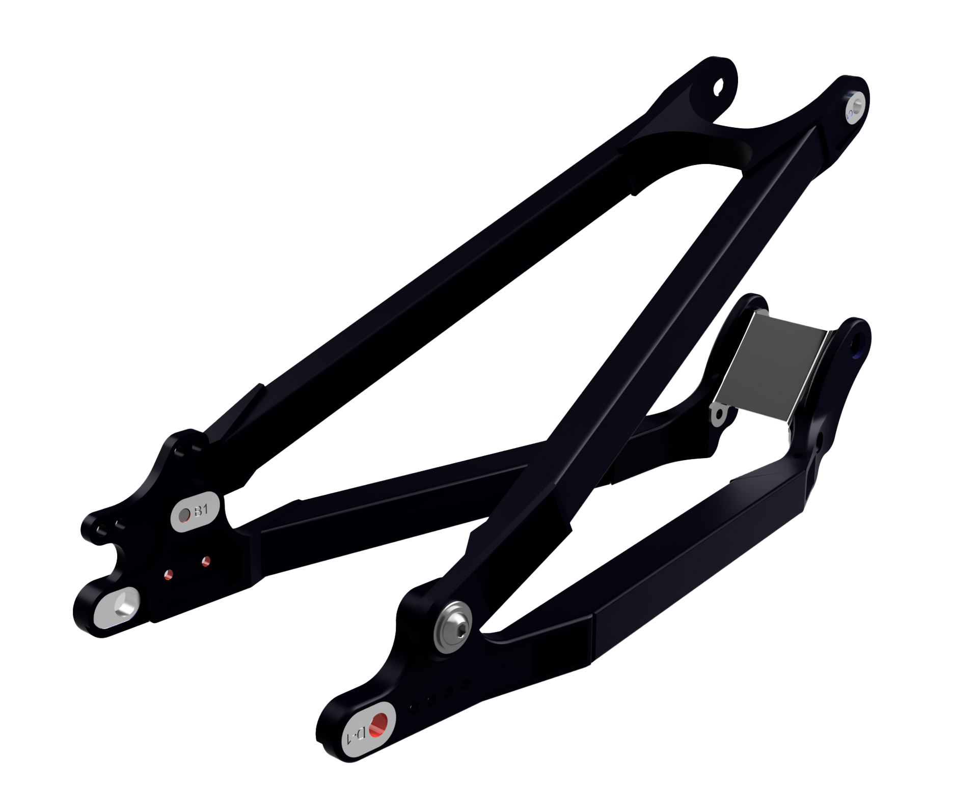 Black bicycle rear suspension linkage.