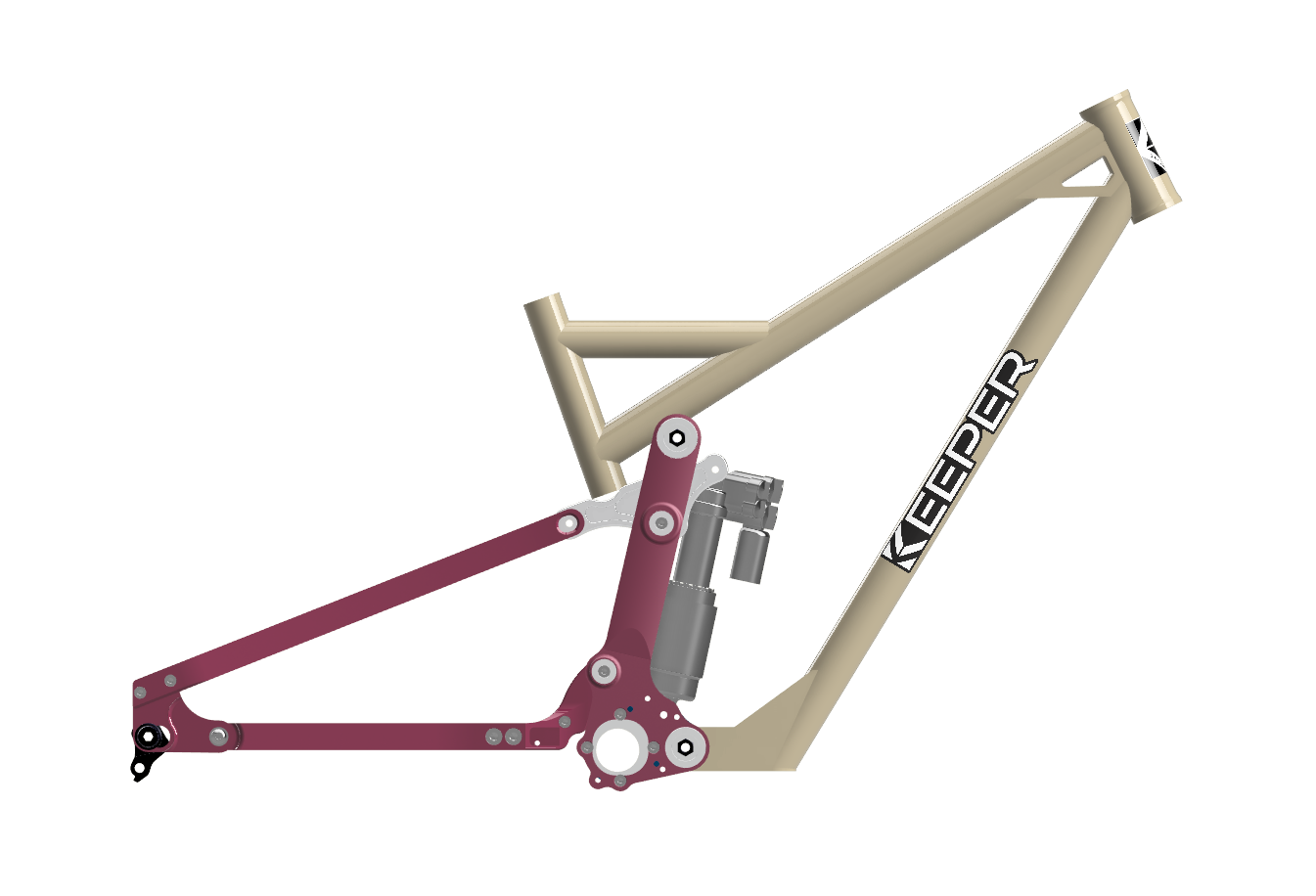 Tan and maroon mountain bike frame with 