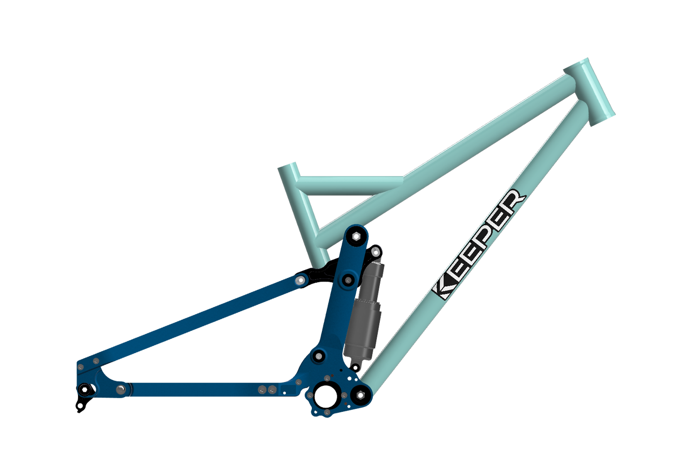 Blue and teal mountain bike frame with 