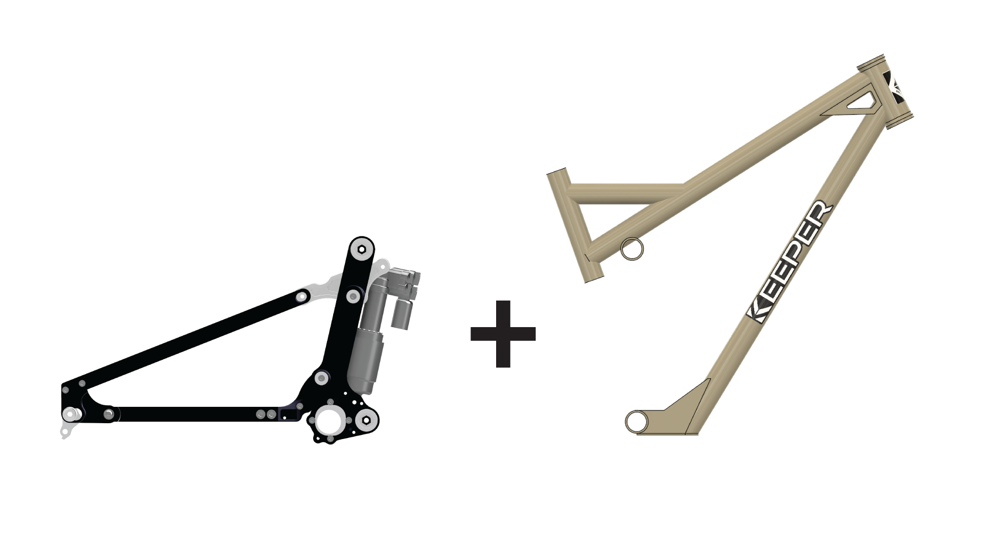 Two mountain bike frame components, a black rear suspension linkage and a tan frame.