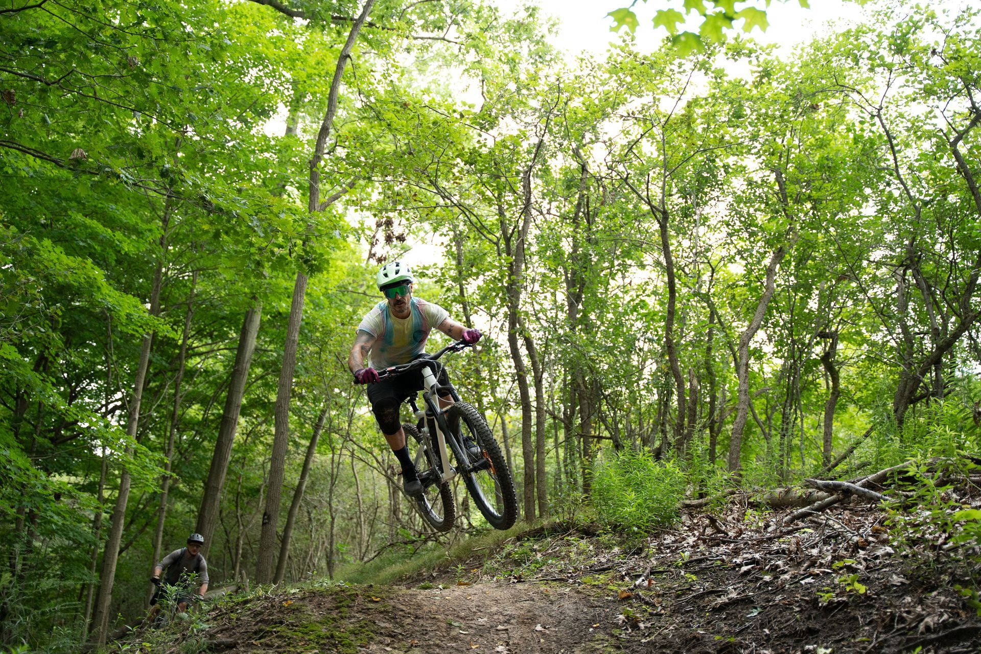 Person on mountain bike riding trail through trees.