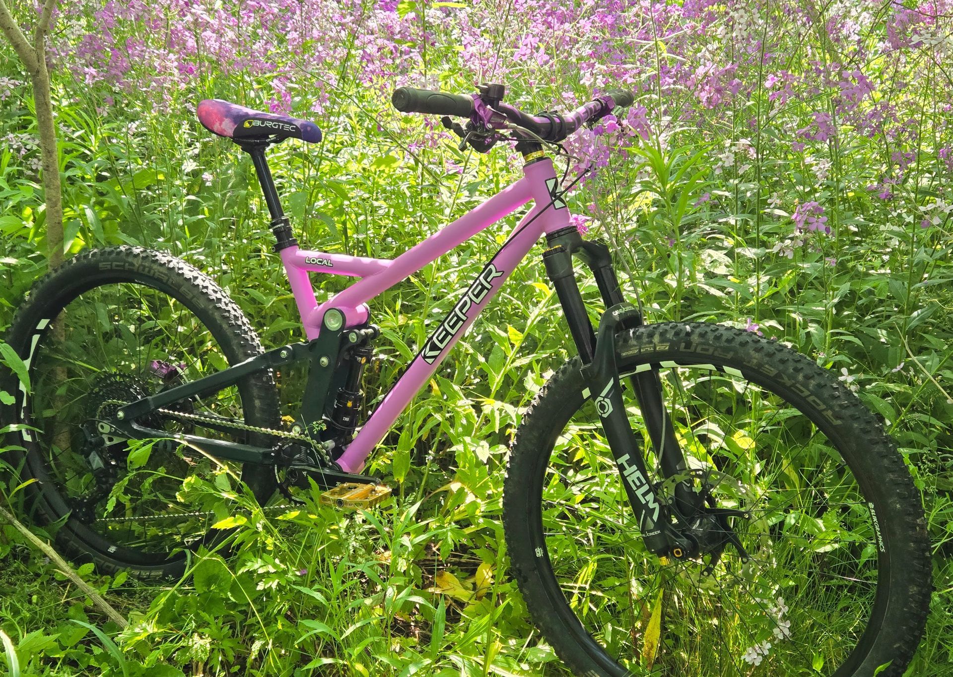 Pink mountain bike in tall green grass and purple flowers.