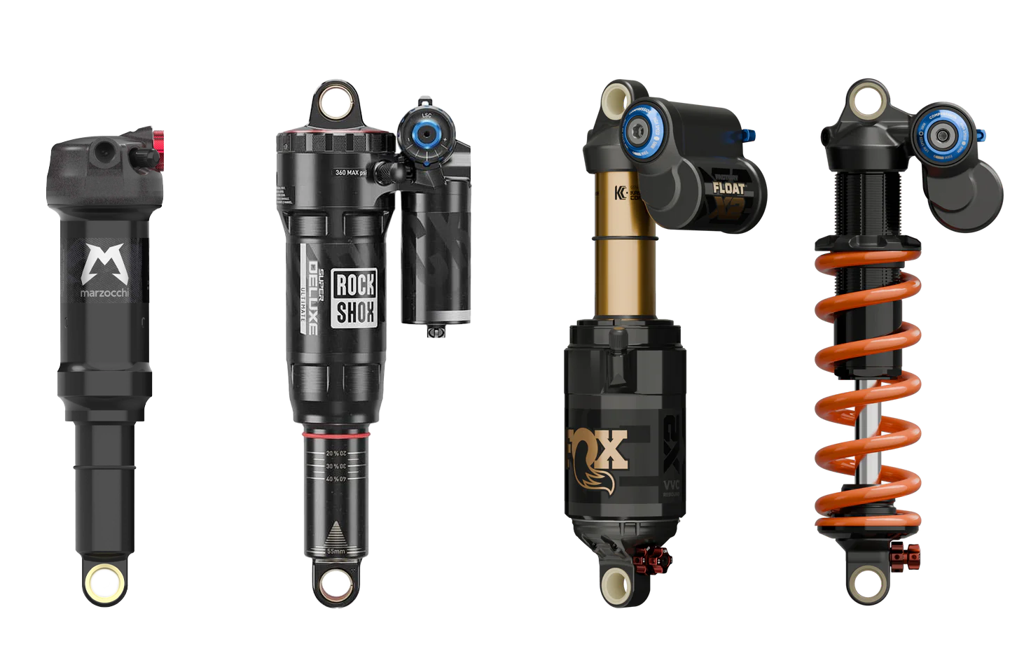 Four mountain bike rear shocks; black, gold, and orange, with various adjustments.