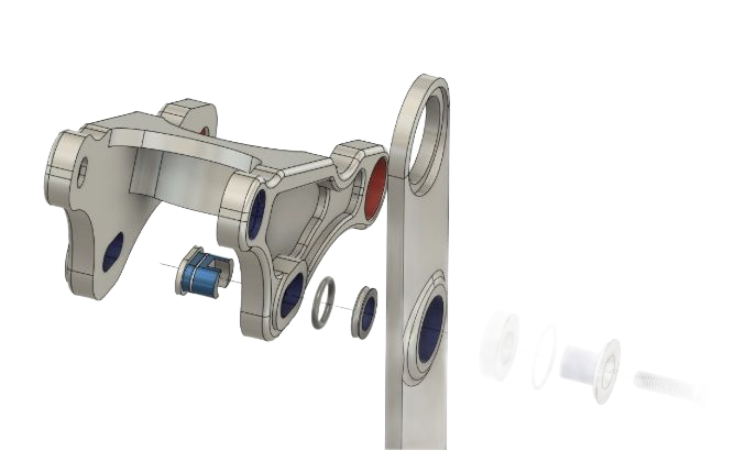 Exploded view of a mechanical linkage assembly with metallic components and blue bushings.