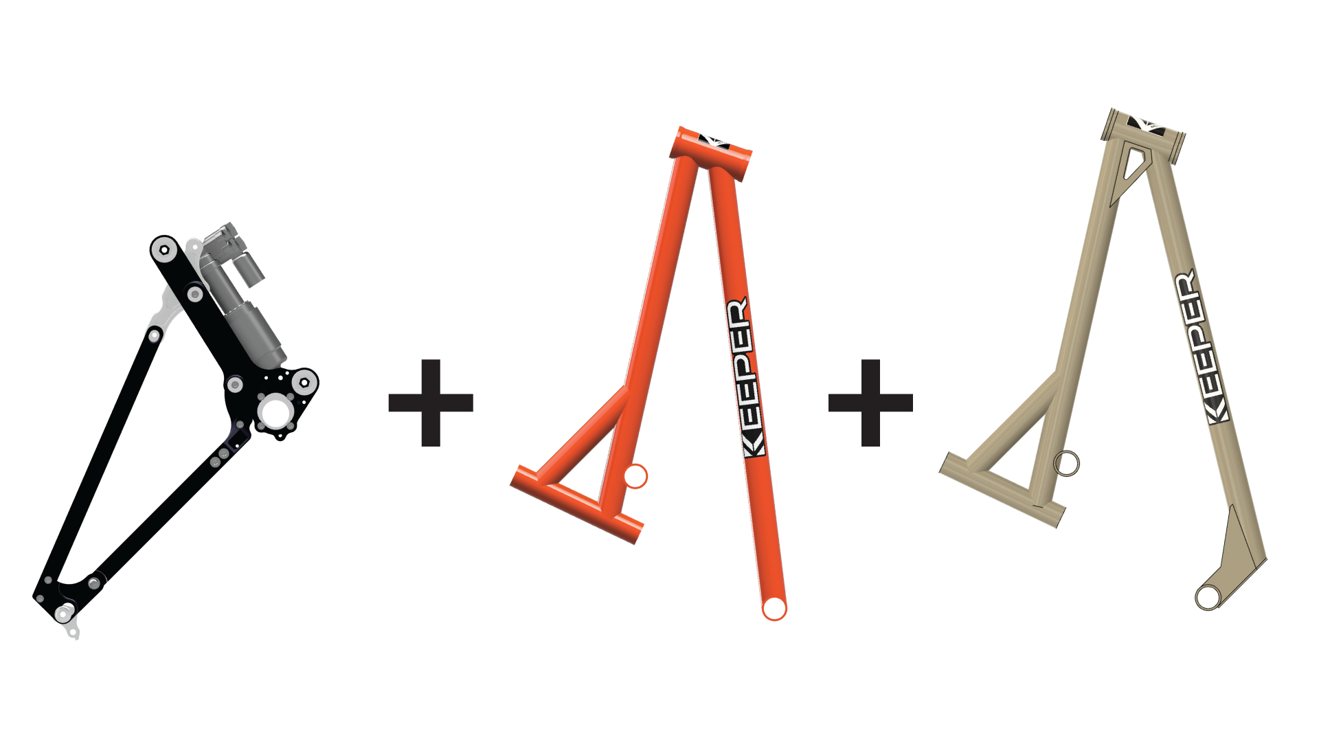Combination of three structural vehicle frame components in black, orange, and tan on a white background.
