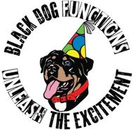 Rottweiler wearing a party hat; "Black Dog Functions" logo with "Unleash The Excitement" text.