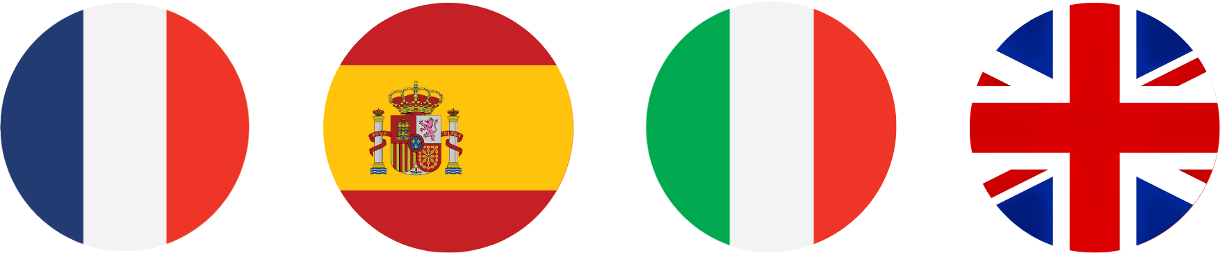 Drapeaux de la France, de l'Espagne, de l'Italie et du Royaume-Uni inscrits dans des cercles.
