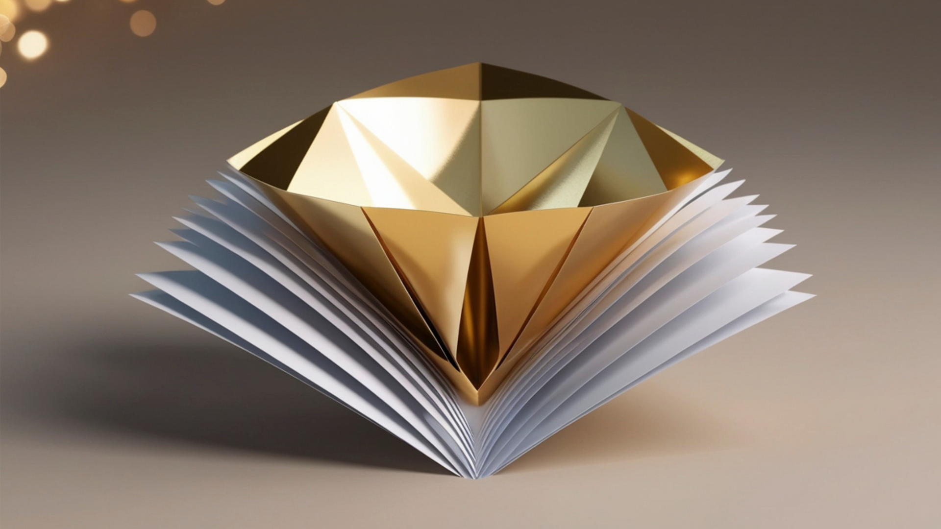 Un diamant doré en origami posé sur un livre ouvert, sur un fond brun clair.