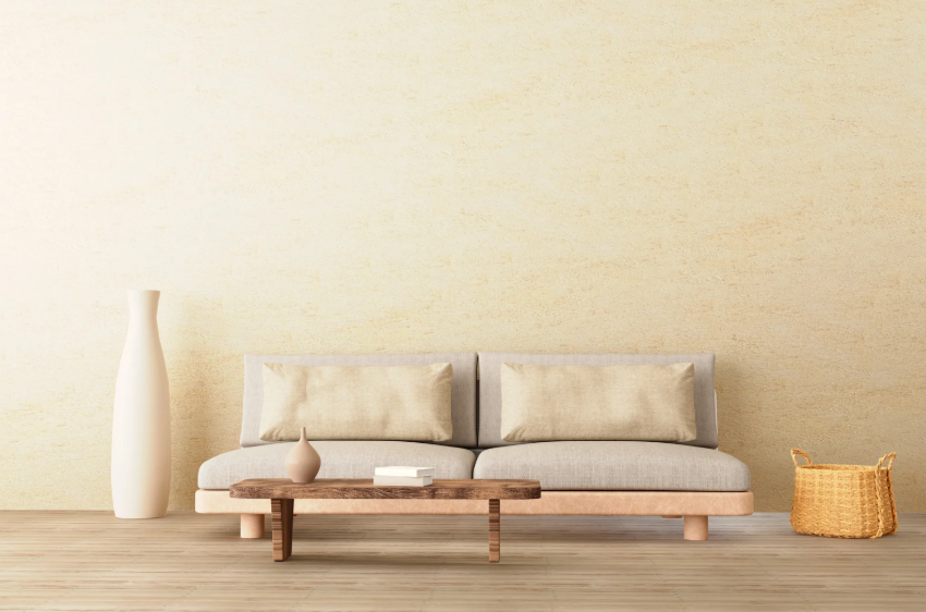 Warm beige lounge with sofa basket and coffee table