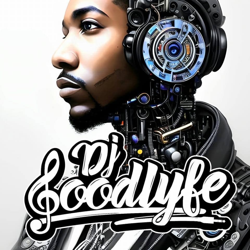 DJ Goodlyfe with robotic headphones and neck.