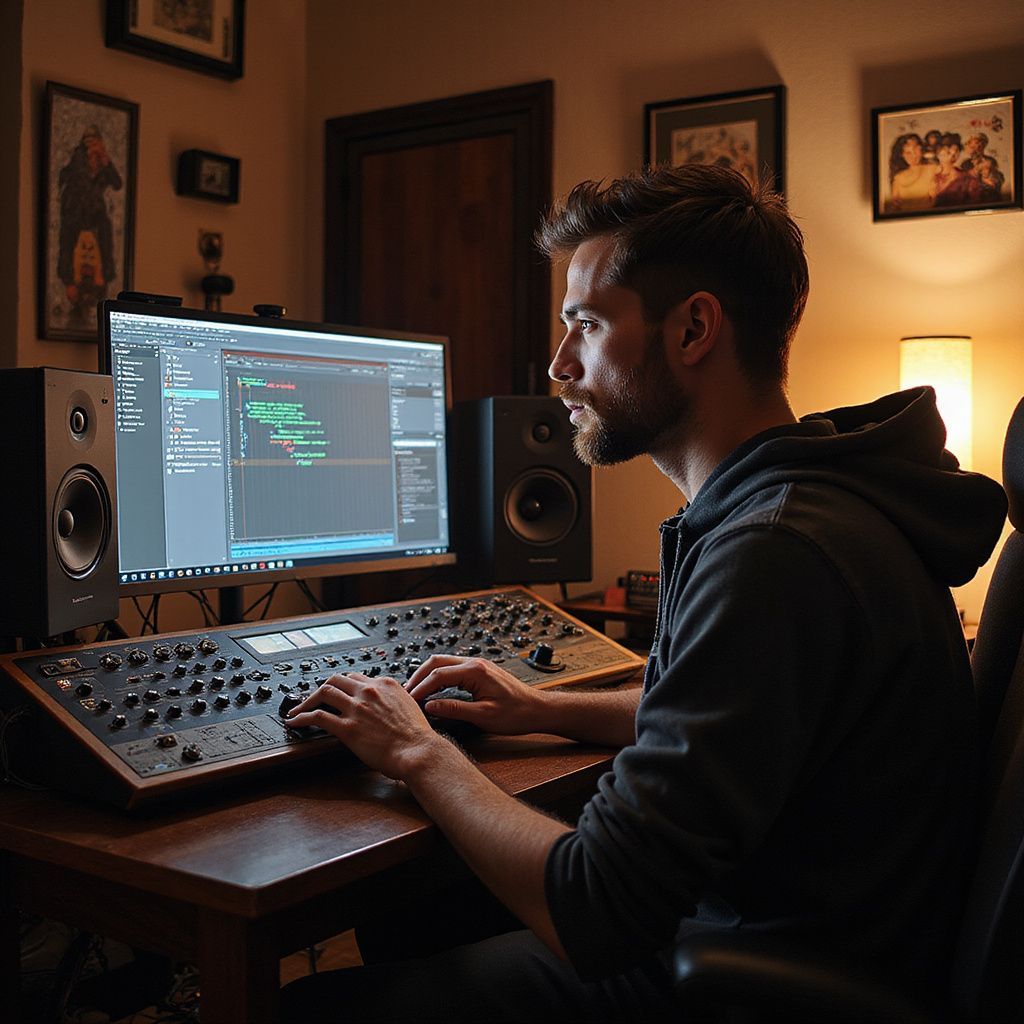 Man seated at a desk, using a keyboard and monitor with code, studio speakers visible.