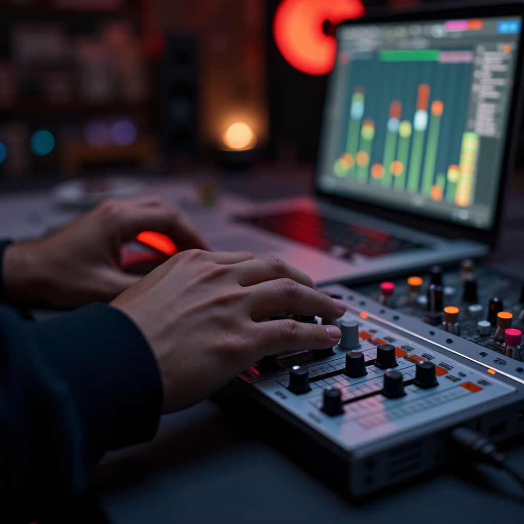 Person using a sound mixer with hands on the controls, laptop with audio waveform visible in the background.