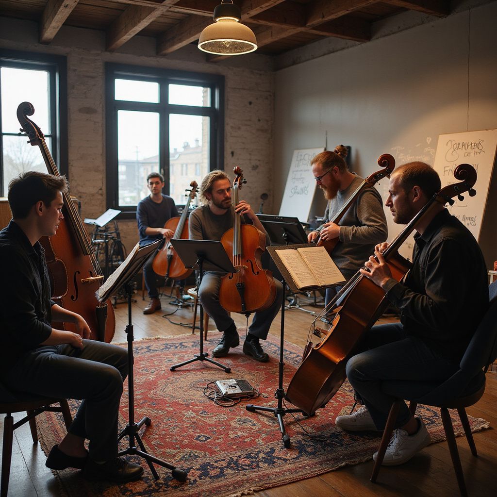 Five cellists in a rehearsal room playing cellos, focused, indoors, sheet music.