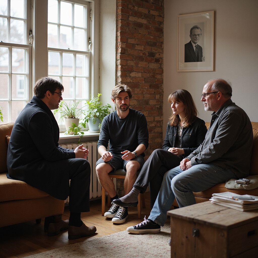 Four people in a room, two on a sofa, two in chairs. They appear to be having a conversation.
