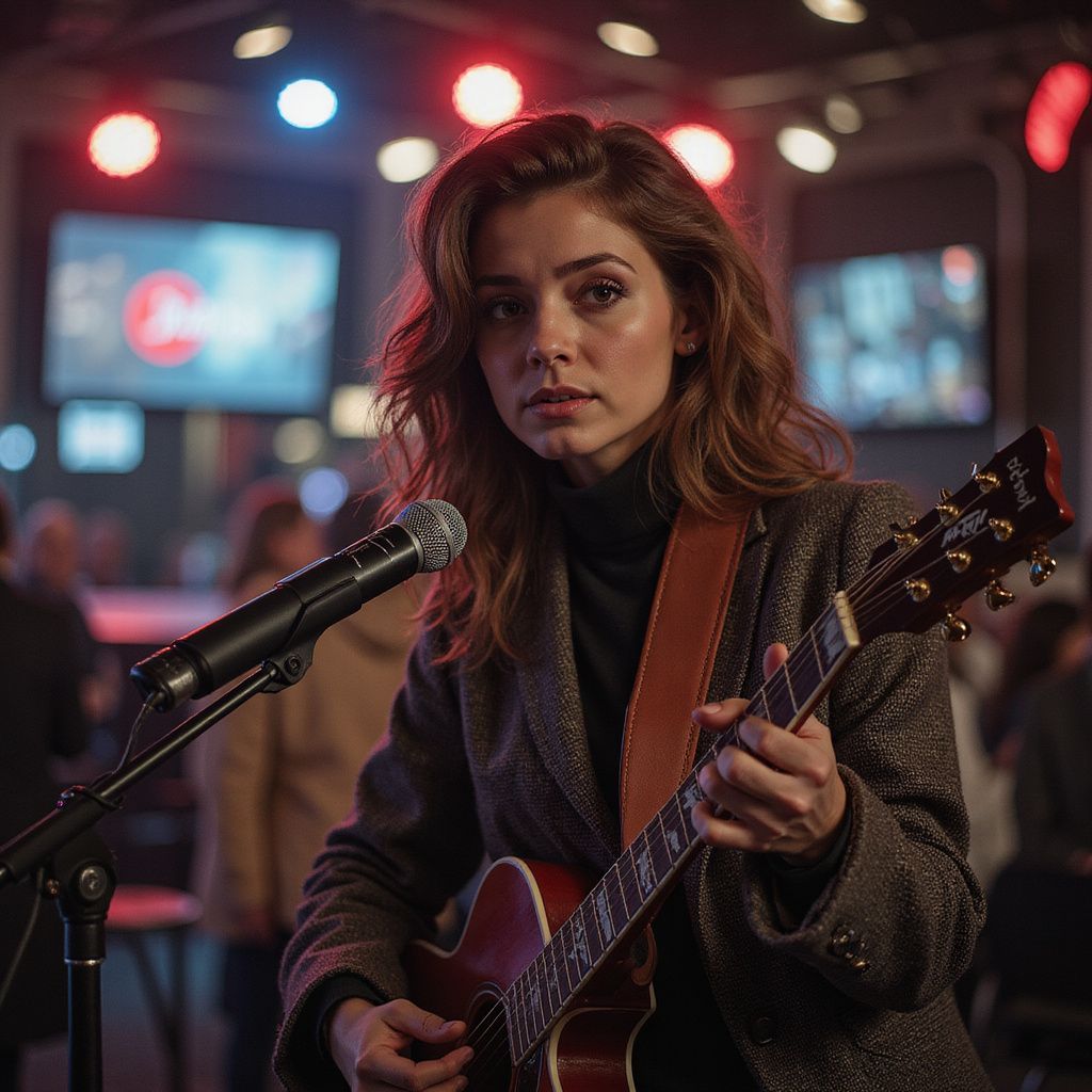 Woman playing acoustic guitar and singing into a microphone on stage, brown hair, looking at the audience.