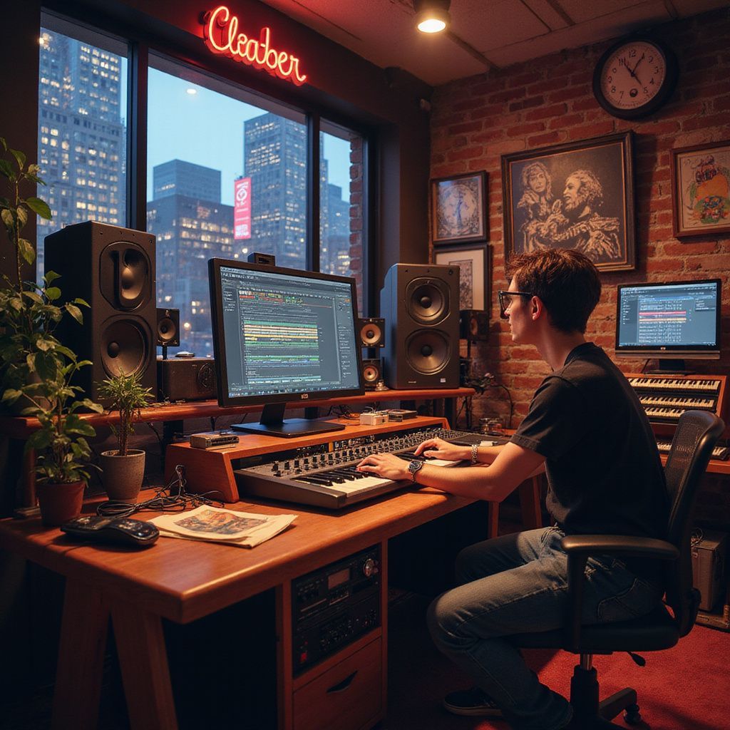 A person at a desk in a music studio, working on a computer. City view in background.