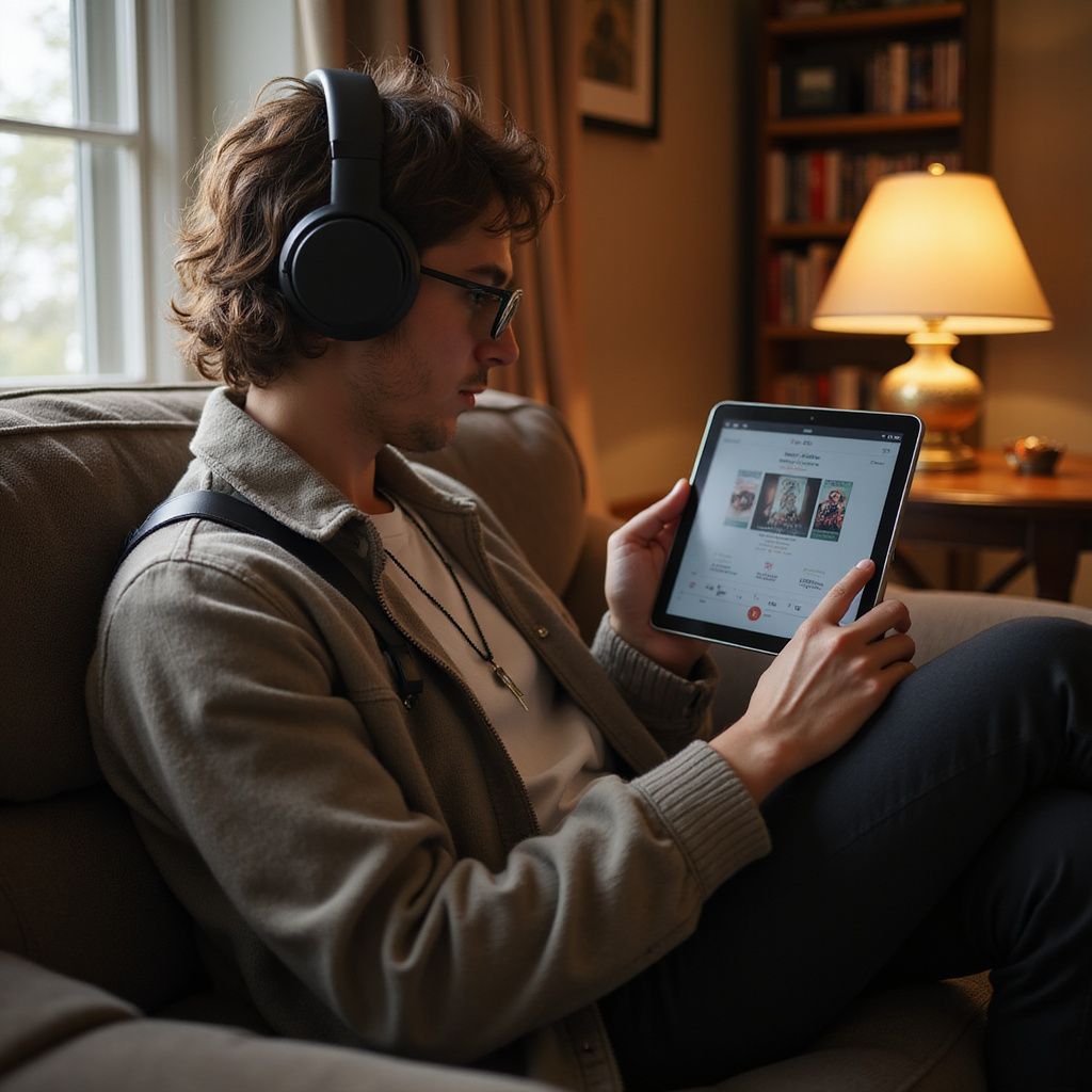 Person wearing headphones looks at a tablet while seated on a couch in a living room.