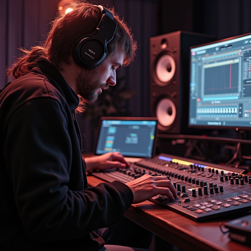 Man wearing headphones, working in a music studio, using a mixing board and computer.