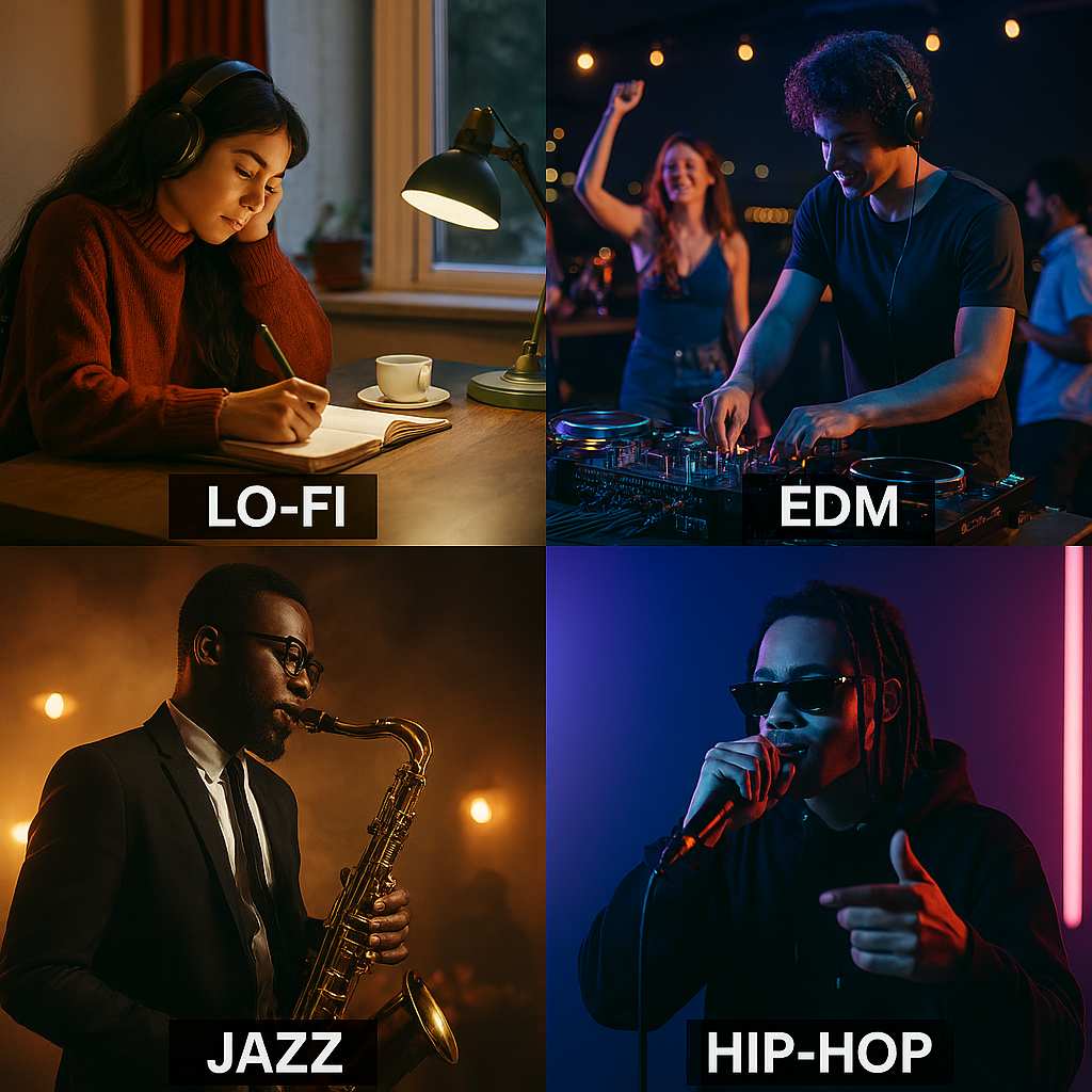 Four music genres represented: Lo-fi (woman writing), EDM (DJ), Jazz (saxophonist), Hip-hop (rapper).
