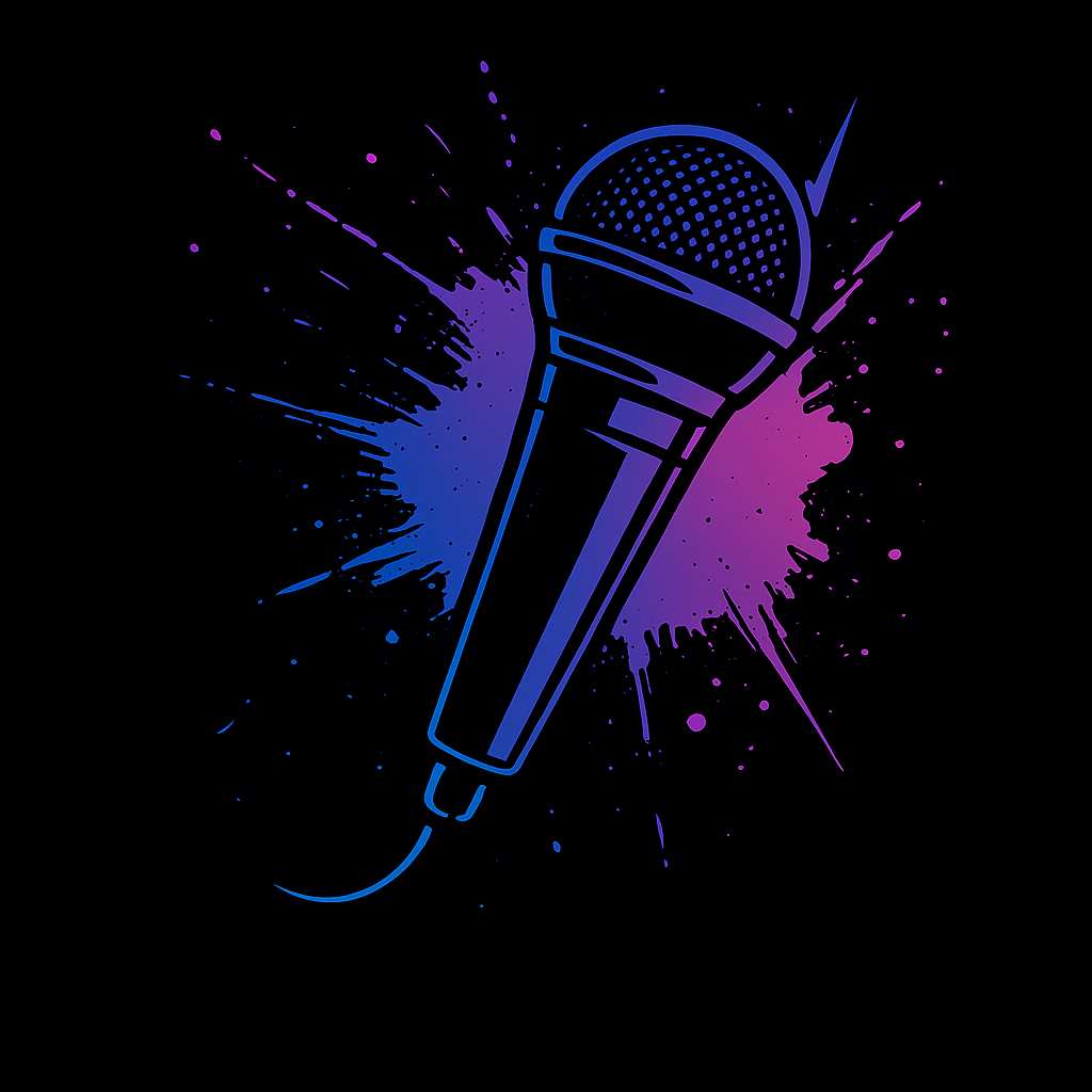 Microphone with blue-purple gradient, splattered on black background.