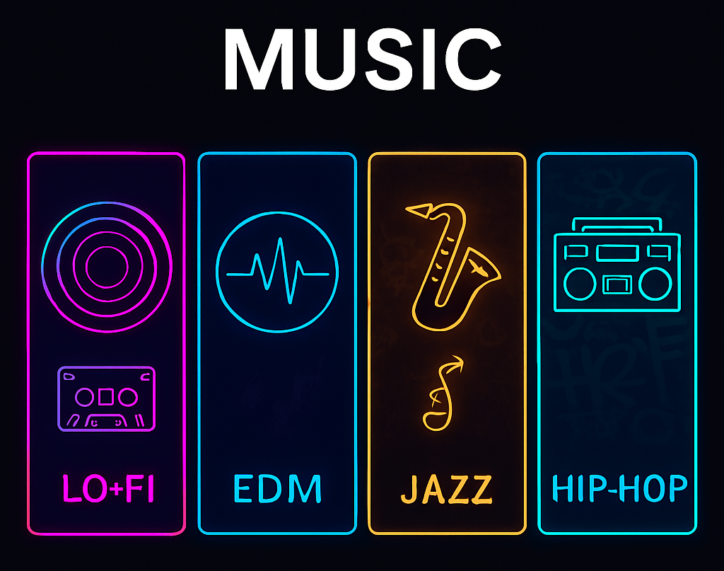 Music genre grid thumbnail with icons for Jazz, EDM, and Hip-Hop