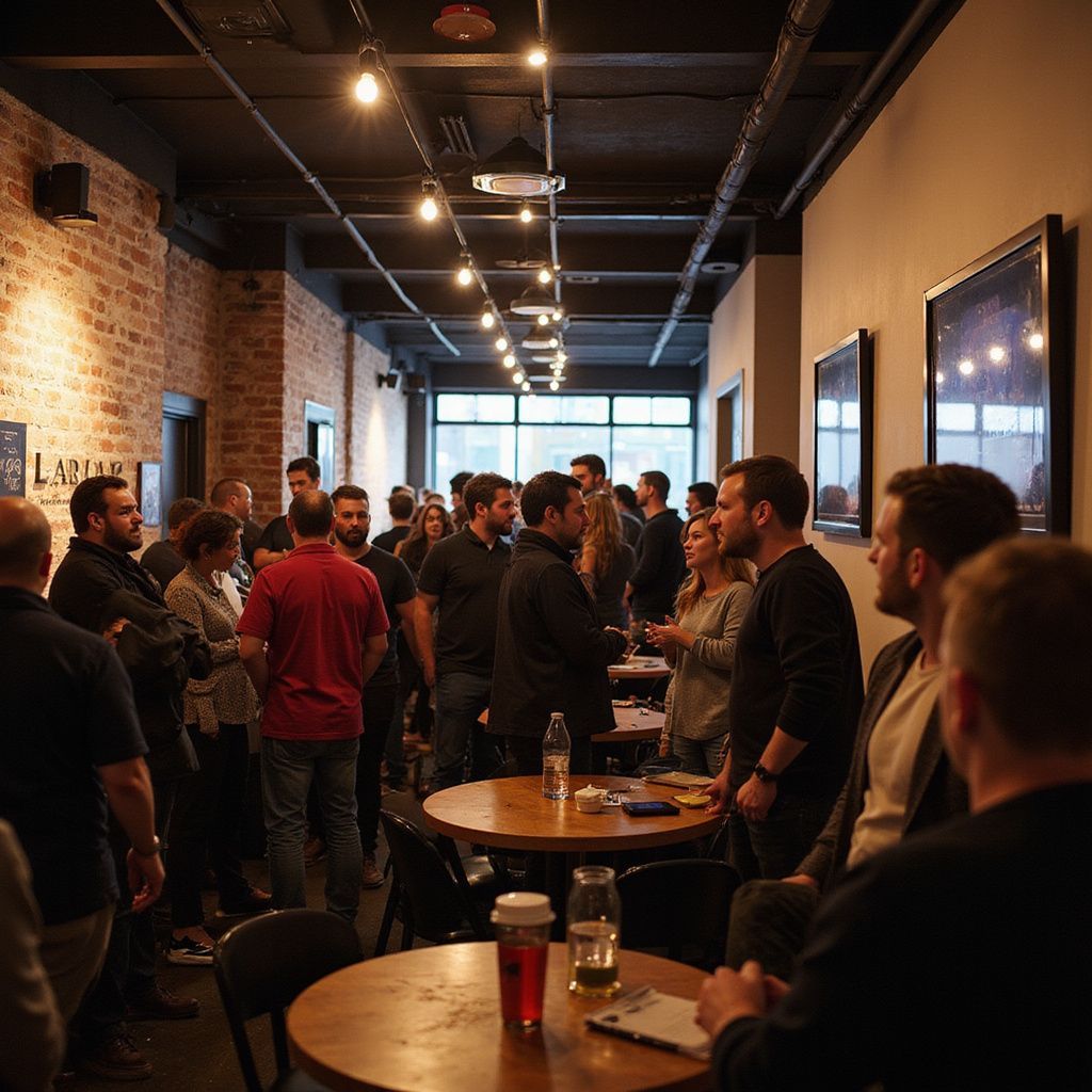 People socializing in a dimly lit bar, brick wall, round tables, drinks, and artwork on the wall.