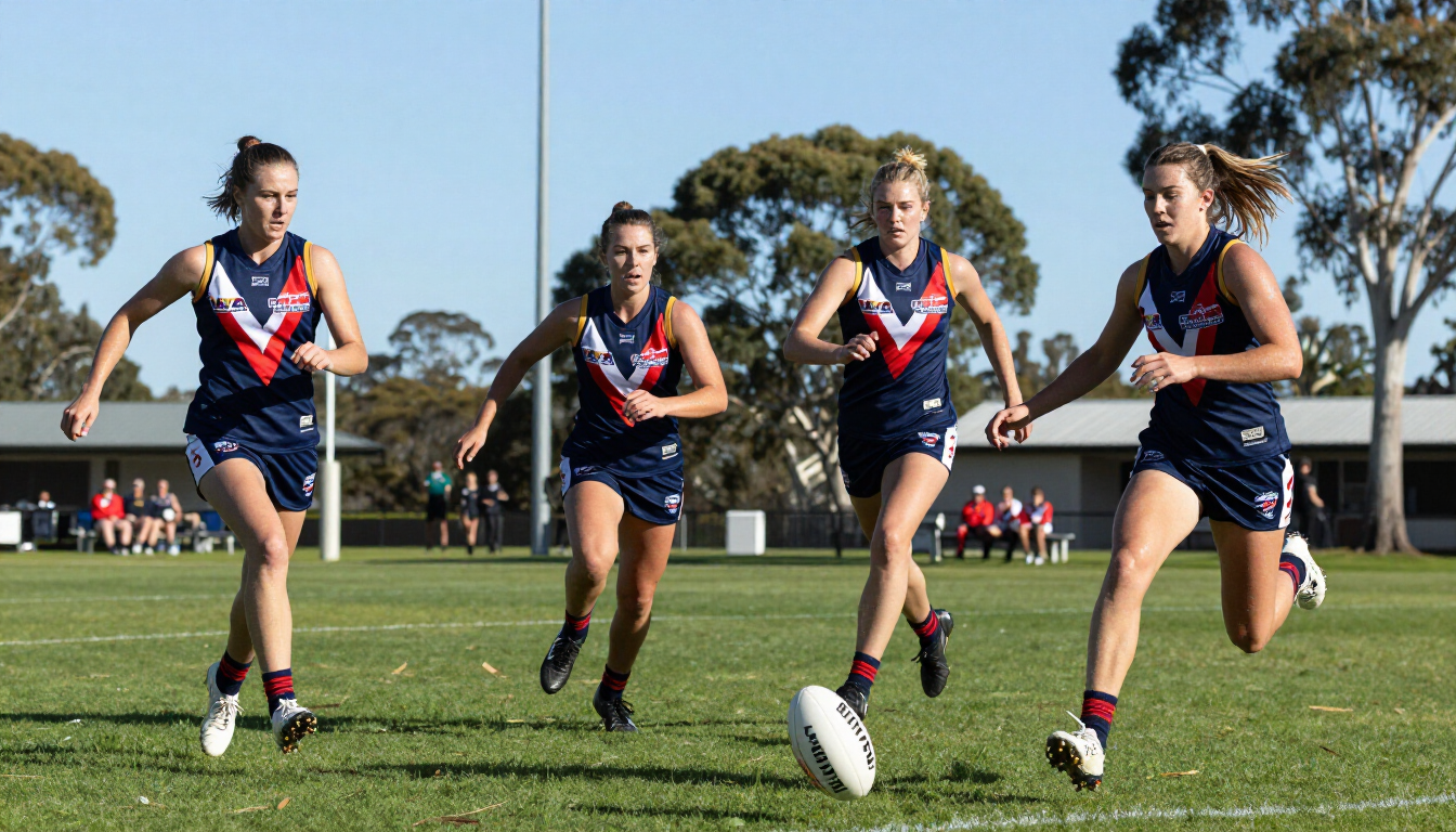 Women playing Australian Rules Football in Beaumaris during a practice match event.