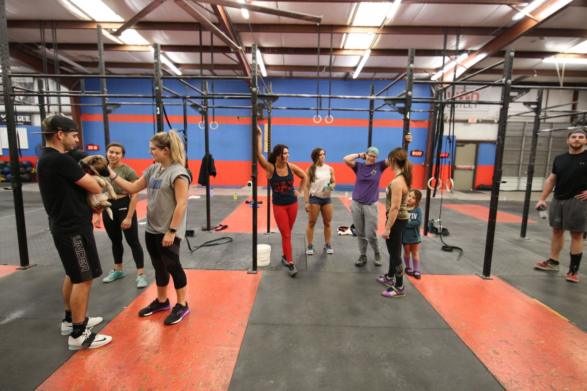 A group of people are standing in a gym talking to each other.