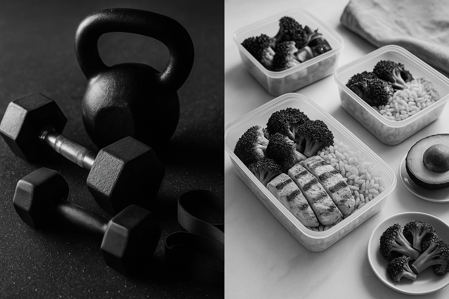 A black and white photo of a kettlebell and a black and white photo of food containers.