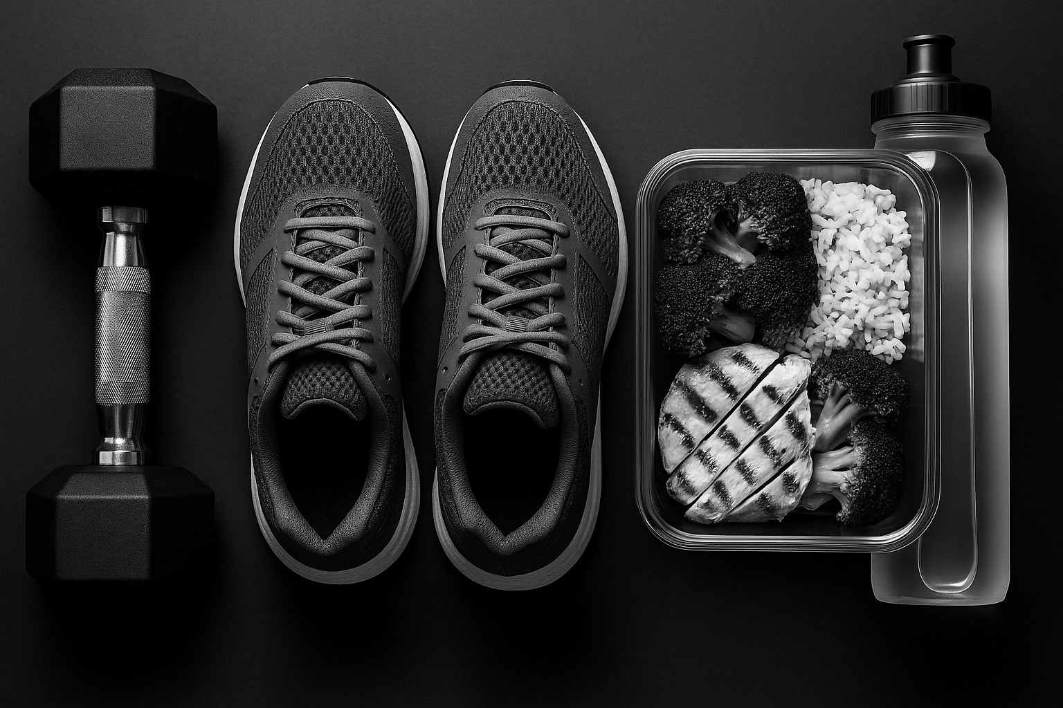 A black and white photo of a pair of shoes , a dumbbell , a bottle of water and a lunch box.