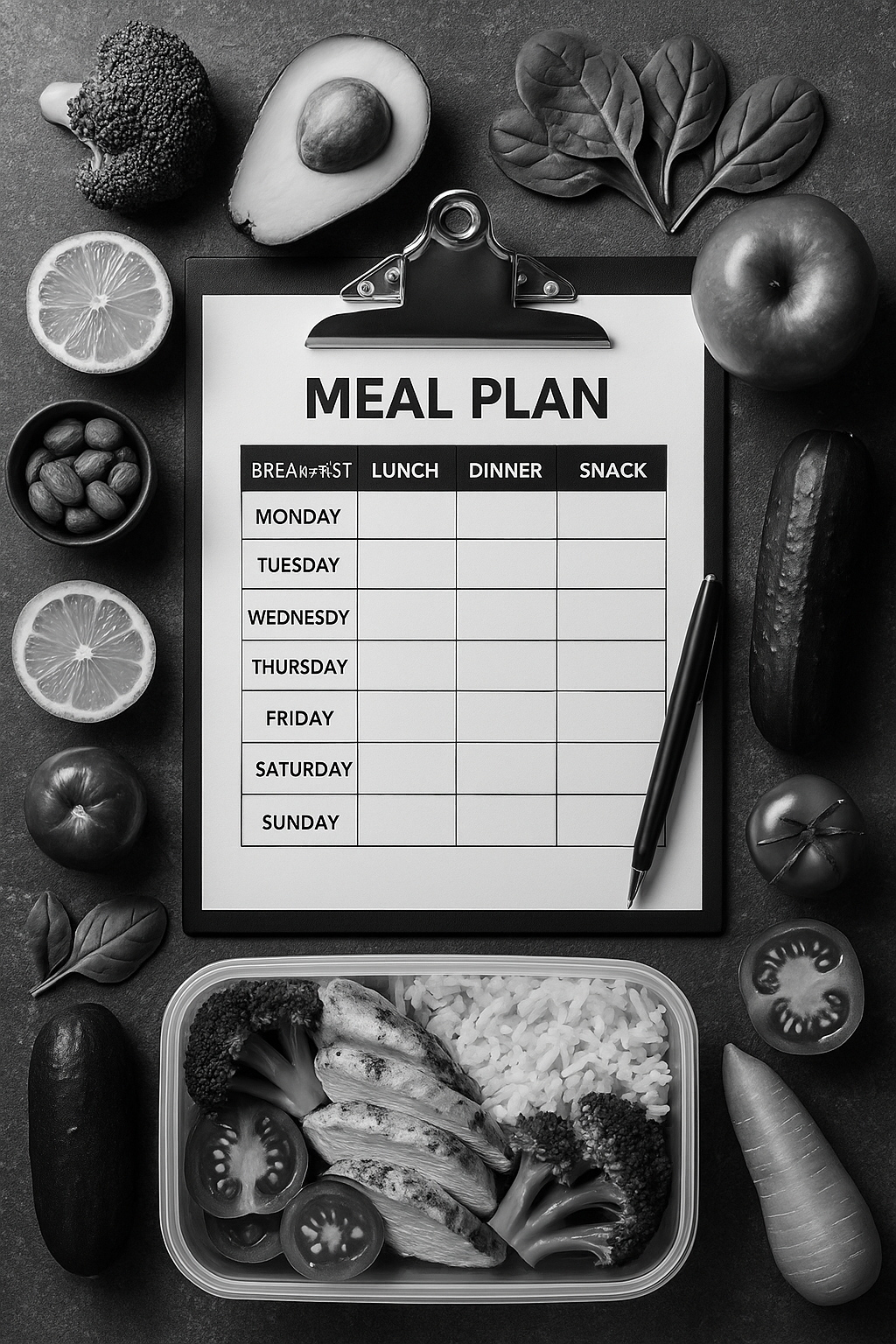 A black and white photo of a meal plan surrounded by fruits and vegetables.